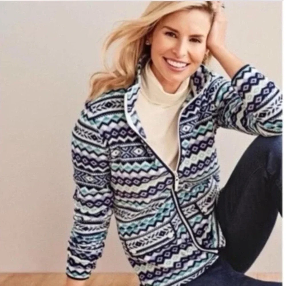 Talbots Fair Isle Aztec Blue Purple Print Fleece Zip‎ Up Jacket Side Pockets 2X